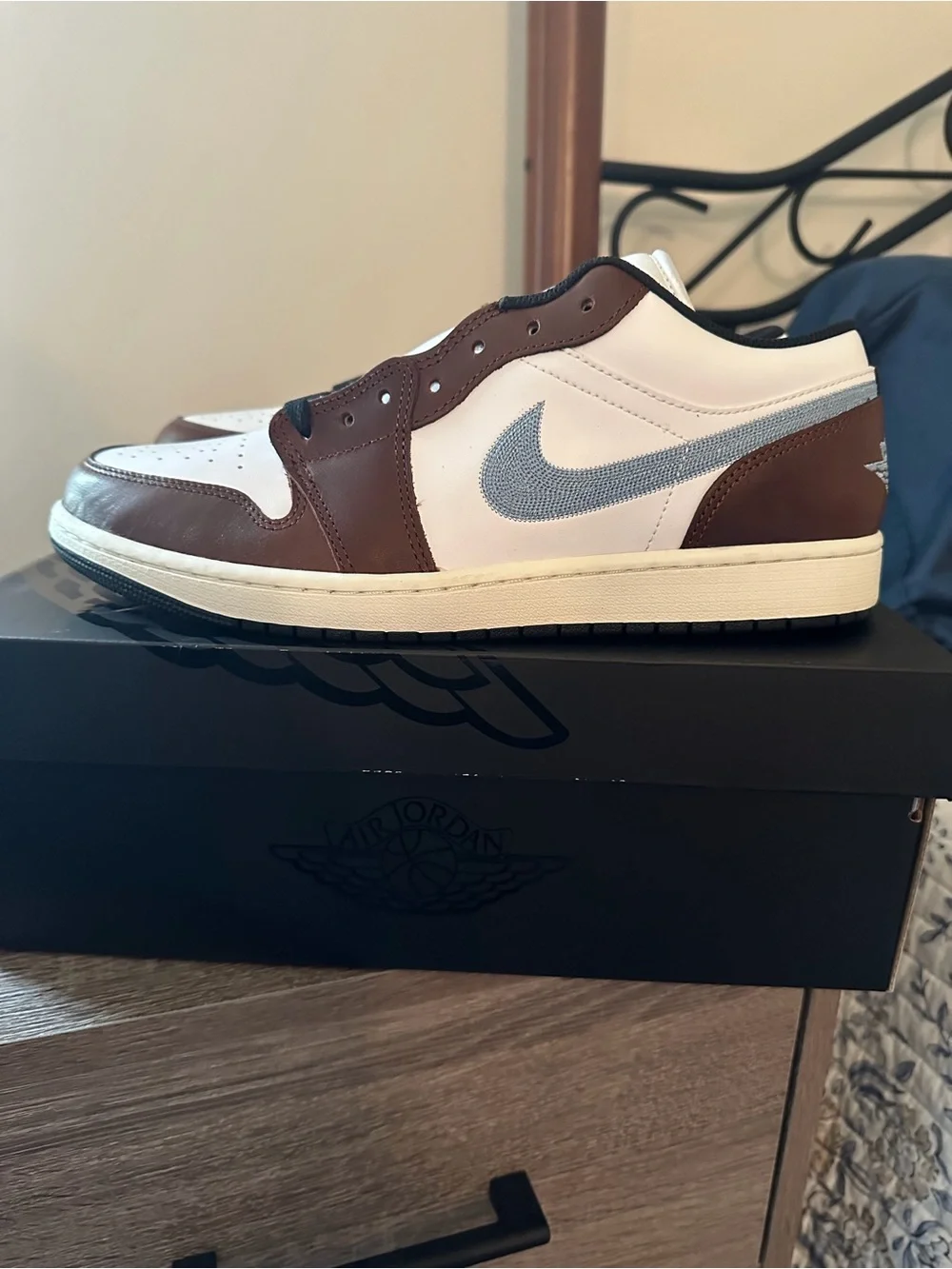 Nike Air Jordan 1 Low - White/Brown with Light Blue Swoosh